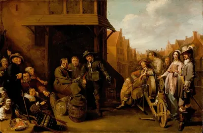 A Street Scene With Knife Grinder And Elegant Couple