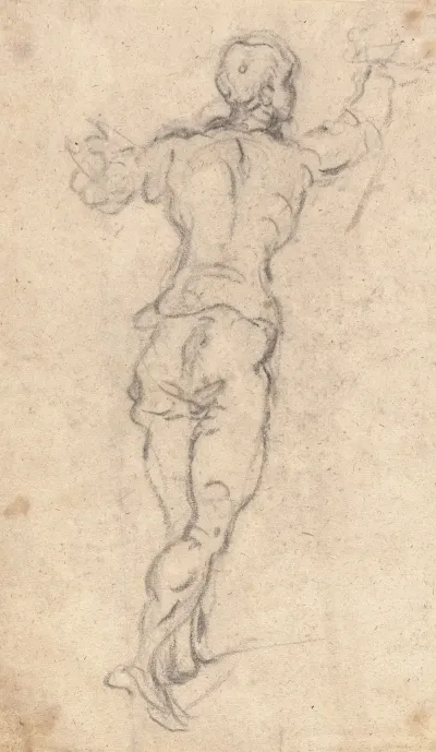A Striding Youth With His Arms Raised Seen From Behind