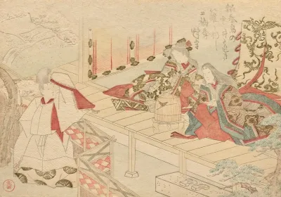 A Strolling Courtier Waves To A Lady In Waiting Sitting On A Veranda With Her Young Attendant
