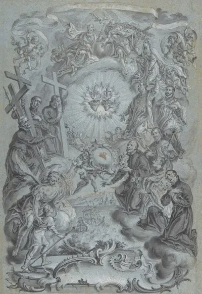 A Study For A Frontispiece The Trinity And Saints Surrounding The Sacred Hearts Of Christ And The Virgin Mary A Coastal Landscape Below