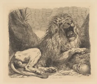 A Study From Nature A Lion Among Rocks Roaring A Human Skull Lower Right