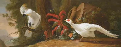 A Sulphur Crested Cockatoo A Red Crested Cardinal And A White Pheasant In A Landscape With A Fallen Urn In The Background