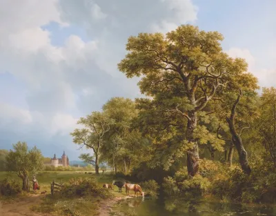 A Summer Landscape With Cows Watering A Castle In The Distance