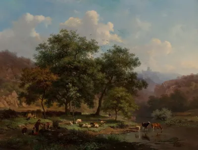 A Summer Landscape With Figures Resting With Their Flock Beside A River Where Cattle Are Watering