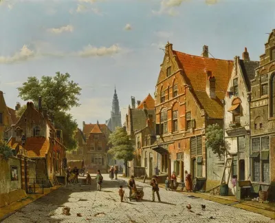 A Sunny Street With A Distant Church Tower