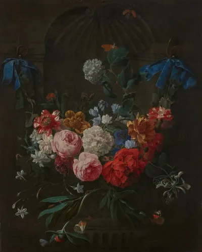 A Swag Of Roses Peonies Anemones Snowballs Carnations And Other Flowers Suspended From Ribbons Before A Stone Niche