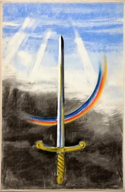 A Sword Pointing Vertically Upwards On A Section Of Rainbow