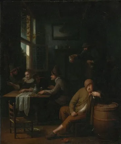 A Tavern Interior With Figures Drinking At A Table And A Man Smoking A Pipe