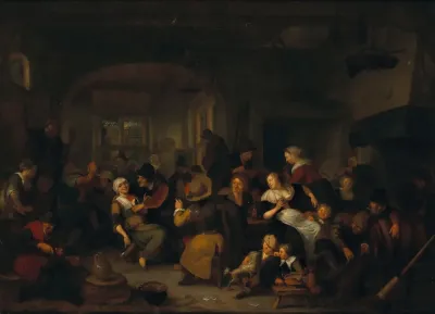 A Tavern Interior With Peasants Drinking