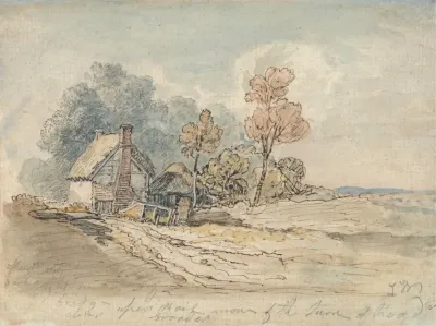 A Thatched Cottage And Trees At The Turn Of A Country Road