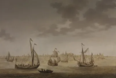 A Three Masted Sailing Ship And Other Shipping Before Gouda