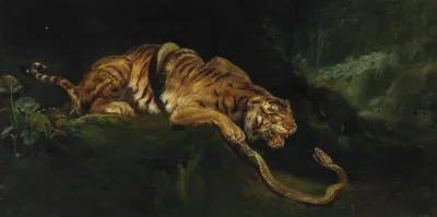 A Tiger Struggling With A Snake