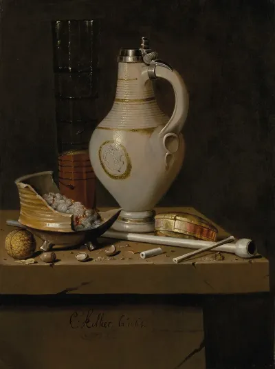 A Toebakje Still Life Of Smoking Utensils A Jug And A Tall Glass Partly Filled With Beer