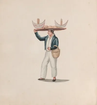 A Tortilla Vendor Balancing A Tray On His Head