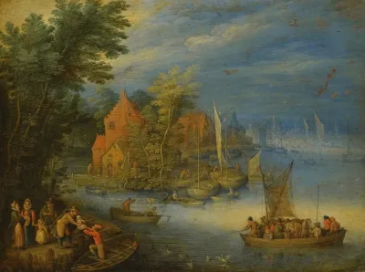 A Town On The Banks Of A Wide River With A Heavily Laden Ferry Approaching The Shore In The Forgeound