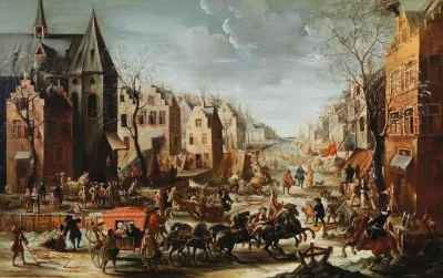 A Townscape In Winter With Carriages