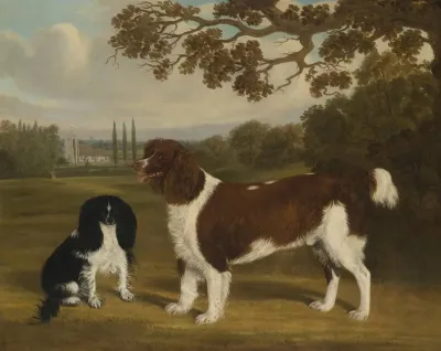 A Toy Spaniel And A Springer Spaniel In A Landscape A Church In The Distance