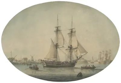 A Trading Brig Preparing To Set Sail On The Thames Warships Running Down The Estuary Beyond