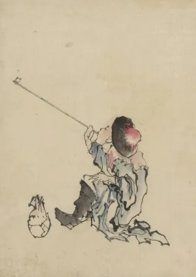 A Traveler Seated Wearing A Robe Boots And Rounded Top Conical Hat Smoking A Long Pipe