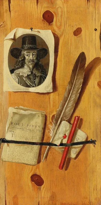 A Trompe Loeil Painting With An Engraved Portrait Of King Charles I An Issue Of Fogs Journal Dated 1734 A Quill Pen And Sealing Wax Held Against A Wooden Backboard
