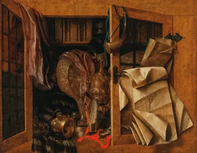 A Trompe Loeil Still Life Of A Cupboard With Books Gilded Vessels A Hunting Horn And Drawings