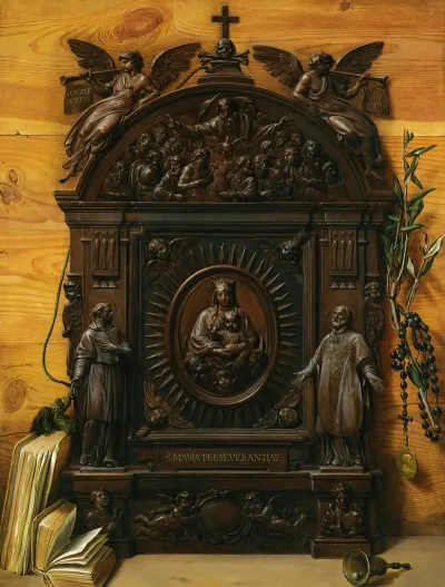 A Trompe Loeil Still Life Of A Portable Wooden Altar With A Rosary A Hand Bell And Books Lying On The Ledge Beside