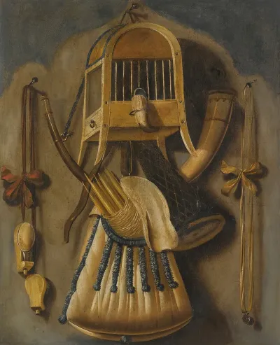 A Trompe Loeil Still Life With A Bird Cage A Hunting Horn A Bird Whistle And Other Hunting Implements Hanging On A Wall