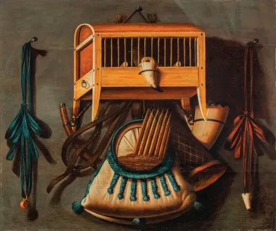 A Trompe Loeil Still Life With A Bird In A Cage A Bird Whistle Hunting Horns And Other Hunting Implements Hanging On A Wall