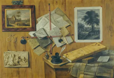 A Trompe Loeil Still Life With A Painted Landscape A Relief And A Mezzotint Of Peasants By A Cottage