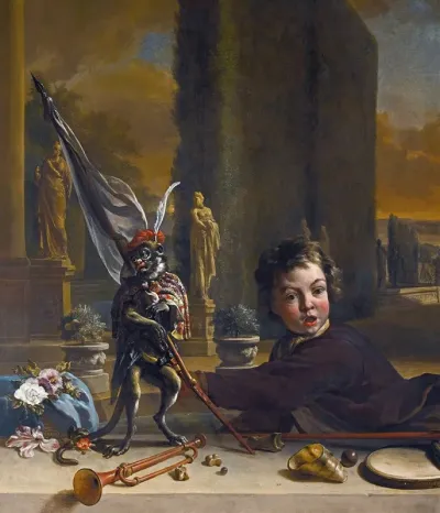 A Trompe Loeil With A Boy And A Monkey A Formal Italianate Garden Beyond