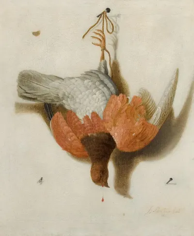 A Trompe Loeil With A Willow Ptarmigan Hanging From A Nail