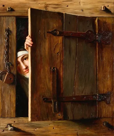 A Trompe Loeil With A Young Nun Peeking Out Through A Shutter