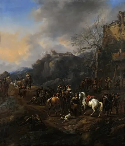 A Troop Of Cavalrymen And Other Figures Outside An Inn A Hill Fort Beyond
