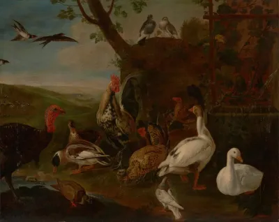 A Turkey A Rooster Chickens Geese Ducks Pigeons And Doves By A Well In A Landscape