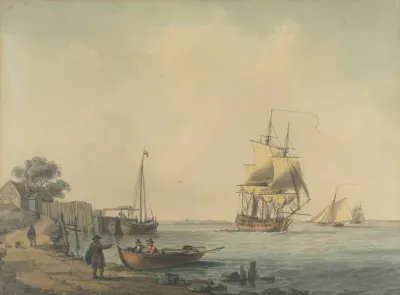 A Two Decker Running Up The Estuary With Figures On The Beach In The Foreground