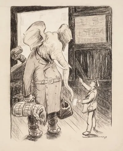 A U S Custom House Official Argues With The Republican Party Elephant