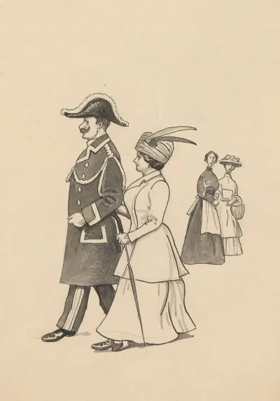A Uniformed Man And An Elegant Lady Stroll Arm In Arm