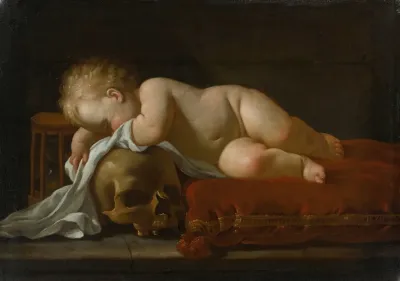 A Vanitas Scene With A Sleeping Child On A Red Velvet Cushion An Egg Timer And A Skull