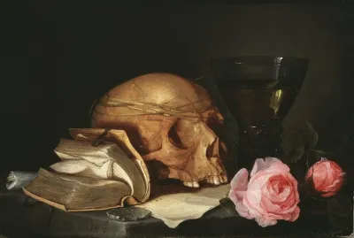 A Vanitas Still Life With A Skull A Book And Roses