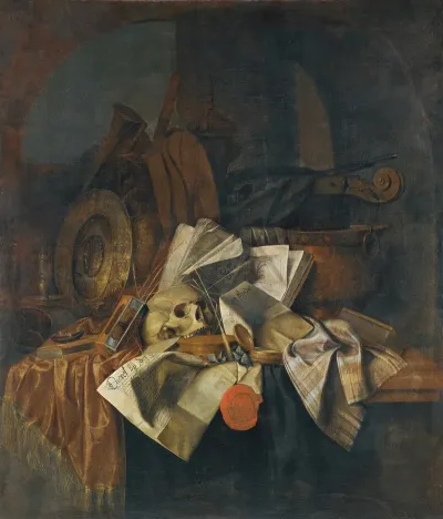 A Vanitas Still Life With A Skull A Shield An Hour Glass Books And Papers On A Tabletop