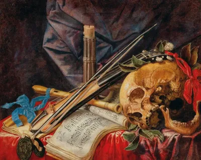 A Vanitas Still Life With A Viol A Clarinet A Skull A Sheet Of Music And A Candle