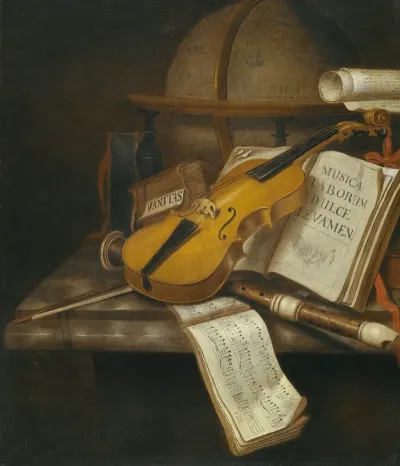 A Vanitas Still Life With A Violin A Recorder And A Score Of Music On A Marble Table Top