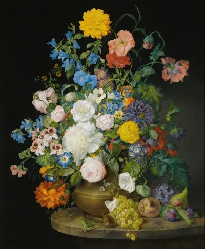 A Vase Of Camellias Geraniums Dahlias A White Peony Roses Poppies And Other Flowers With Fruit On A Stone Ledge