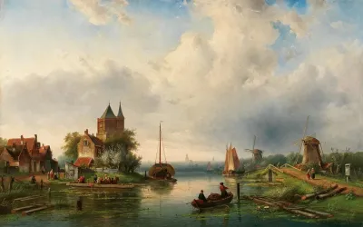 A Vast River Landscape With Windmills