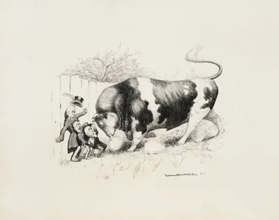A Very Large Bull Backs Up Three Small Men Against The Fence Alger Corbin And Eagan