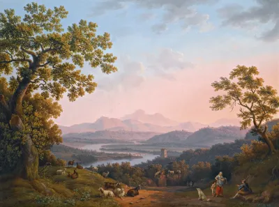 A View Along The Valley Of The River Tiber Towards Poggio Mirteto And Beyond The Sabine Mountains Lit Up By The Evening Sun