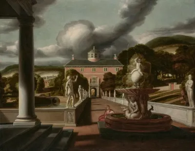 A View From A Villa With A Woman Seated At A Fountain And An Avenue Of Statues