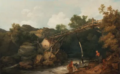 A View Near Matlock Derbyshire With Figures Working Beneath A Wooden Conveyor