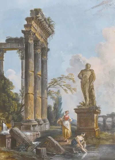 A View Of A Ruined Temple With Washerwomen