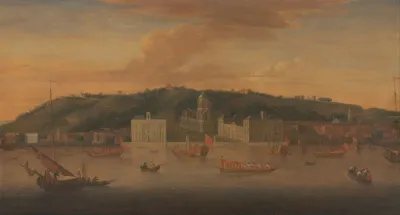 A View Of Greenwich From The River With Many Boats